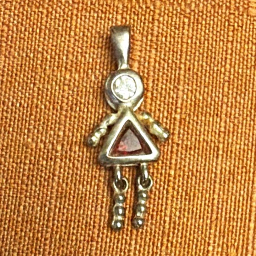 925 Sterling Silver Signed Girl Charm Pendant Red Triangle Garnet Stone